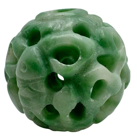 Hand-Carved Vintage Green Jade Hollow Sphere Bead 14mm - Picture 1 of 3